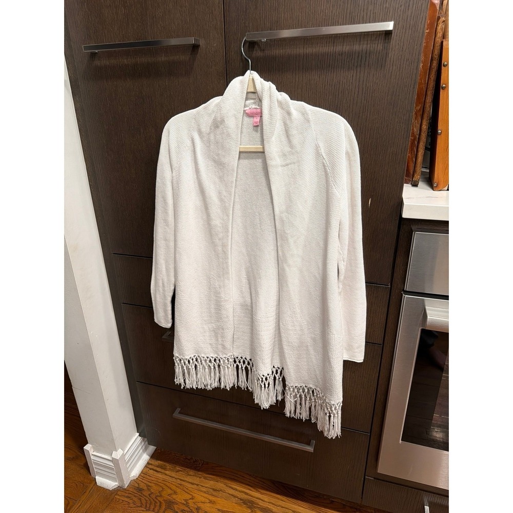 Lilly Pulitzer Knit Tatum Cardigan Sweater Womens Size small White Fringe Open